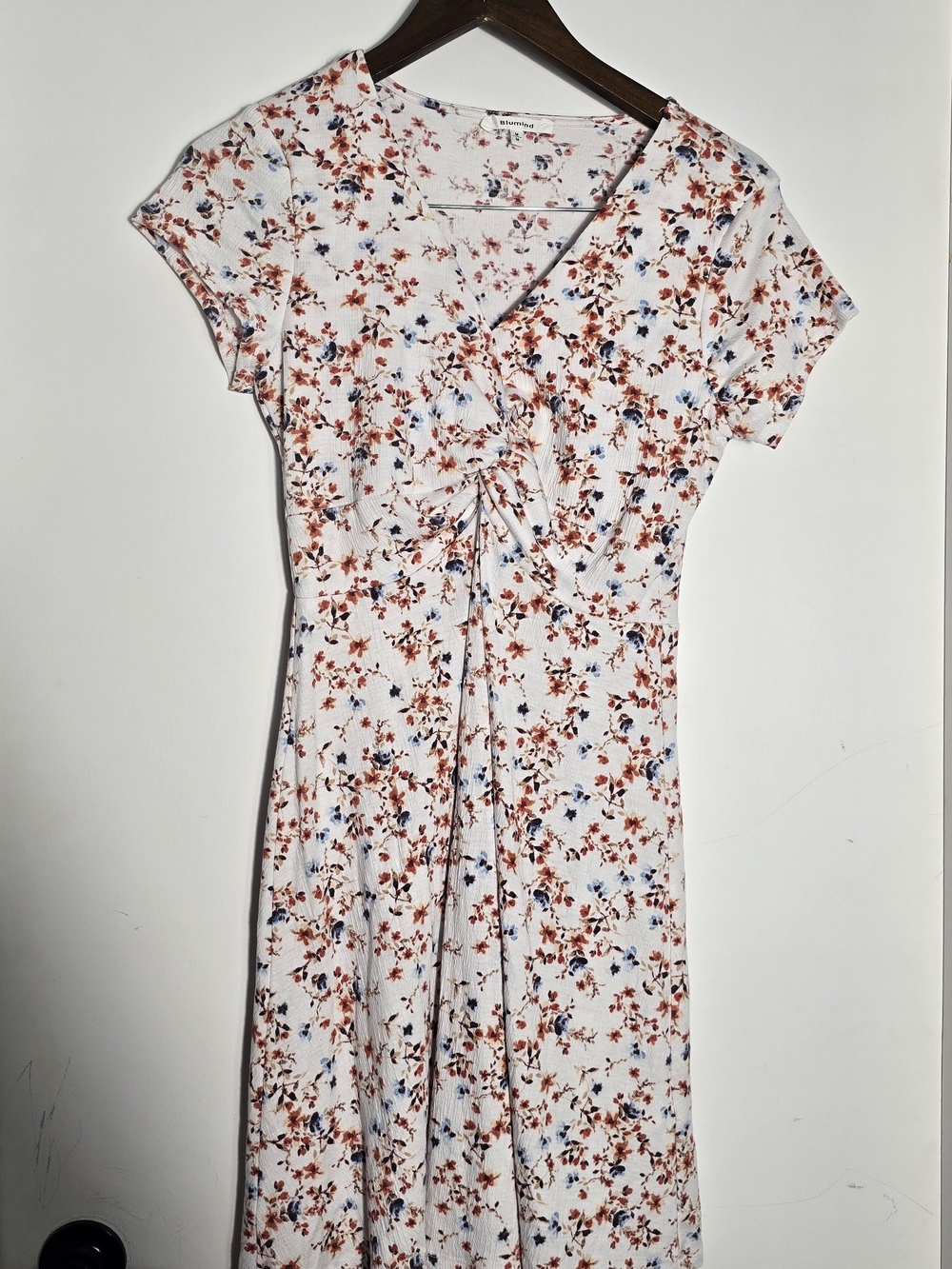 White Floral Ruched Mini Dress with Rust and Blue Accents
